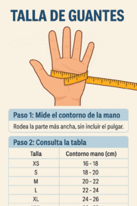 Ilustración que muestra cómo medir las manos para guantes la talla de guantes, con cinta métrica y tabla de tallas - Cómo medir las manos para los guantes