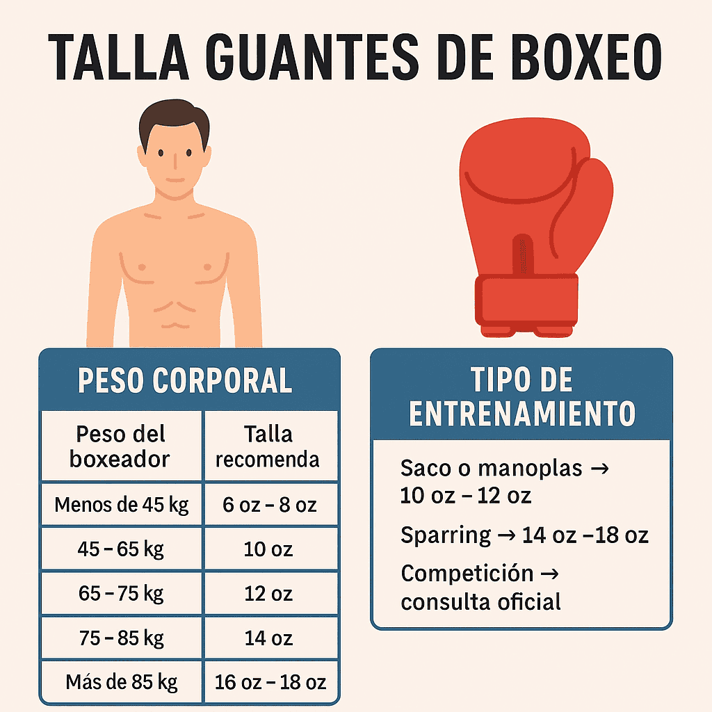 Infografía en español que muestra cómo elegir la talla de guantes de boxeo adecuada según el peso corporal y el tipo de entrenamiento- elegir talla guantes de boxeo