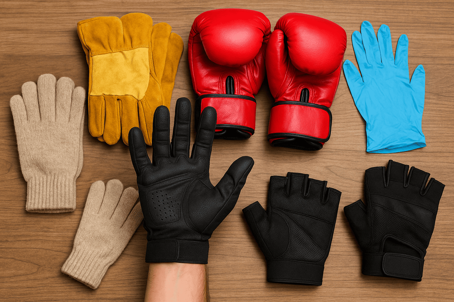 Variedad de guantes para diferentes usos: trabajo, invierno, boxeo, jardinería, limpieza
