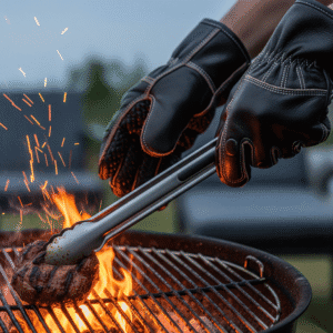 Primer plano de guantes de barbacoa resistentes al calor sosteniendo pinzas sobre carbones encendidos con carne asándose, chispas visibles, enfoque en seguridad al cocinar.