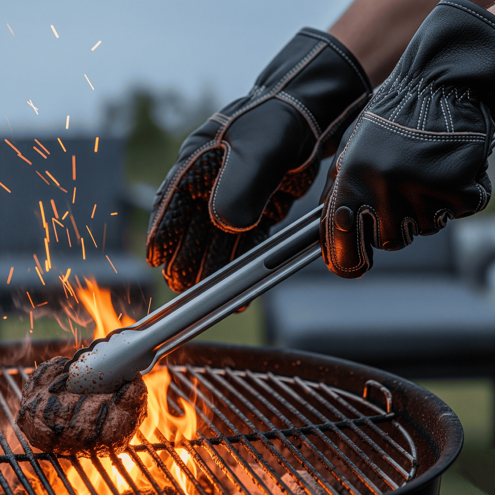 Primer plano de guantes de barbacoa resistentes al calor sosteniendo pinzas sobre carbones encendidos con carne asándose, chispas visibles, enfoque en seguridad al cocinar.