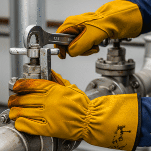 Primer plano de manos con guantes de protección de cuero ajustando una válvula industrial con una llave inglesa, destacando la seguridad en el trabajo.