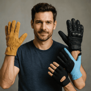 Hombre mostrando diferentes tipos de guantes: guantes de trabajo de cuero, guantes de moto de piel negros, guantes quirúrgicos azules y guantes sin dedos deportivos