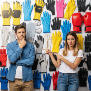 Un hombre y una mujer confundidos frente a una pared con diferentes tipos de guantes, representando la variedad de opciones para cada necesidad.