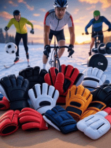 Una colección colorida de guantes deportivos, incluyendo modelos para gimnasio, boxeo, ciclismo y esquí, dispuestos sobre una mesa en un entorno nevado. En el fondo, atletas practicando ciclismo y esquí, junto a pesas y un balón de fútbol, con un atardecer vibrante