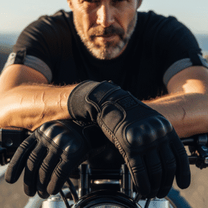 Primer plano de un hombre con una expresión seria, usando guantes de neopreno para moto, apoyado sobre el manillar.