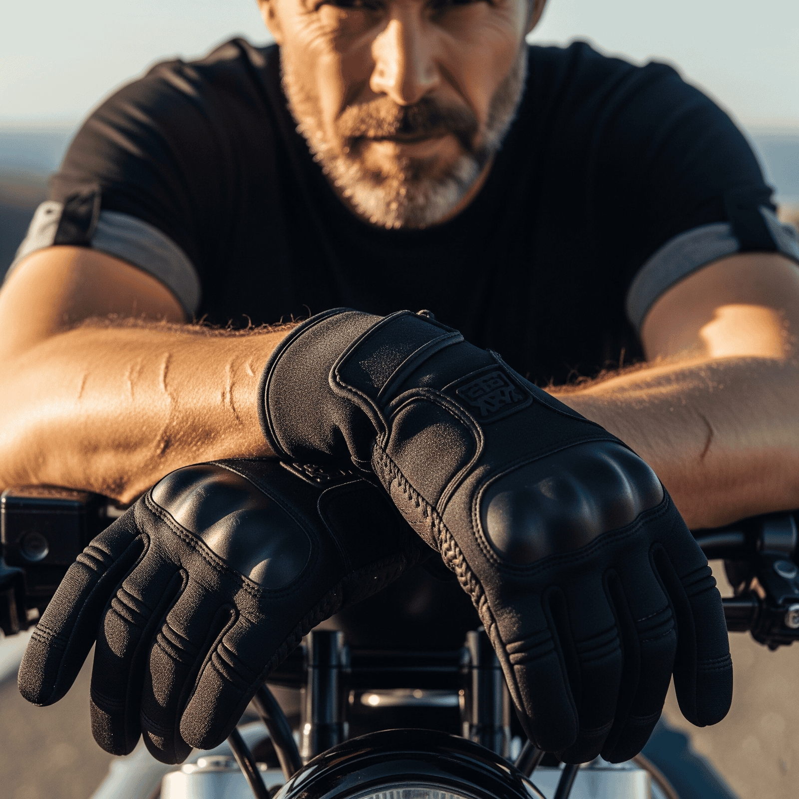 Primer plano de un hombre con una expresión seria, usando guantes de neopreno para moto, apoyado sobre el manillar.