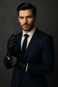 Hombre ejecutivo con estilo vistiendo guantes de vestir para hombre de cuero negro en un entorno urbano