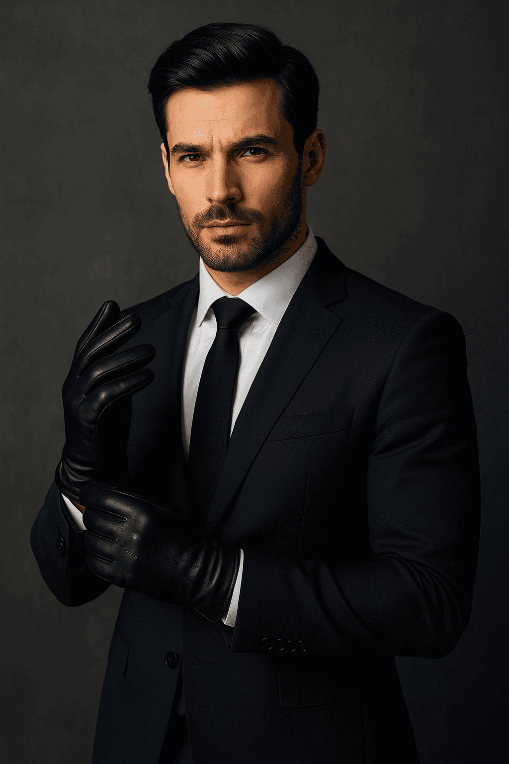 Hombre ejecutivo con estilo vistiendo guantes de vestir para hombre de cuero negro en un entorno urbano