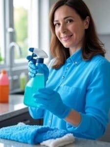 Mujer sonriente usando guantes azules de limpieza y un atomizador