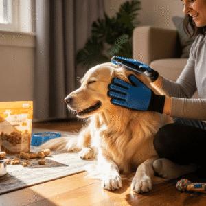 Guante de aseo azul en una mano acariciando el pelaje de un perro golden retriever, con un segundo guante similar en la otra mano, mientras el perro disfruta del masaje.