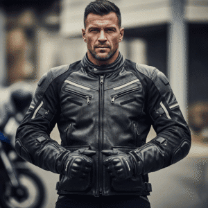 Primer plano de un hombre usando guantes para moto impermeables hombre de color negro, destacando las protecciones en los nudillos y el diseño resistente.