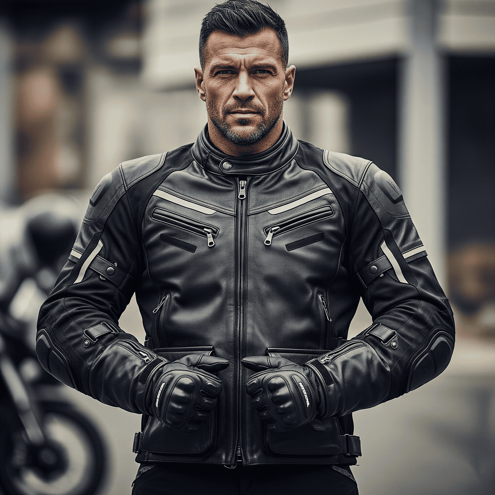 Primer plano de un hombre usando guantes para moto impermeables hombre de color negro, destacando las protecciones en los nudillos y el diseño resistente.