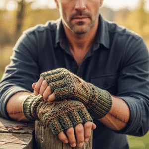 Hombre con guantes tejidos a crochet con dedos cortos en tonos verdes y marrones, posando al aire libre en un entorno otoñal