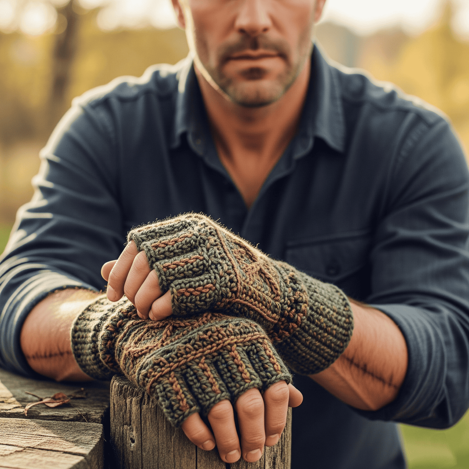 Hombre con guantes tejidos a crochet con dedos cortos en tonos verdes y marrones, posando al aire libre en un entorno otoñal