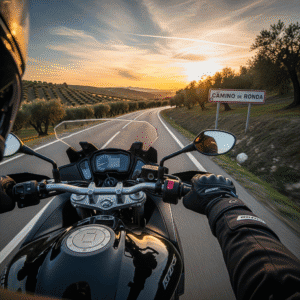 Motorista con guantes de cuero conduciendo una motocicleta en carretera, el sol al fondo, vista desde el manillar, enfoque en seguridad.