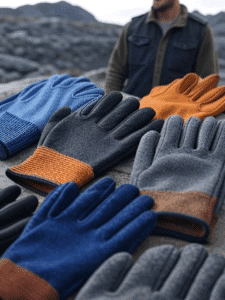 Diferentes tipos de guantes de trabajo, incluyendo modelos resistentes al corte, antideslizantes e impermeables, dispuestos sobre una mesa con un hombre de fondo en un entorno al aire libre.