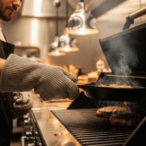 Persona usando un guante gris de cocina resistente al calor para manipular una sartén caliente sobre una parrilla con llamas.
