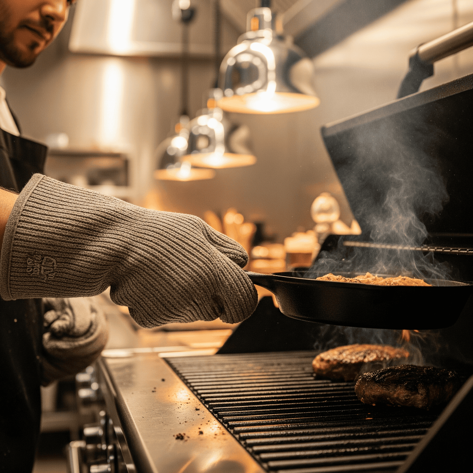 Persona usando un guante gris de cocina resistente al calor para manipular una sartén caliente sobre una parrilla con llamas.