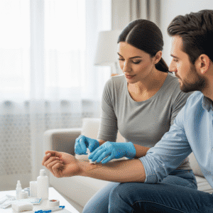 Mujer usando tipos de guantes salud para curar una herida en casa