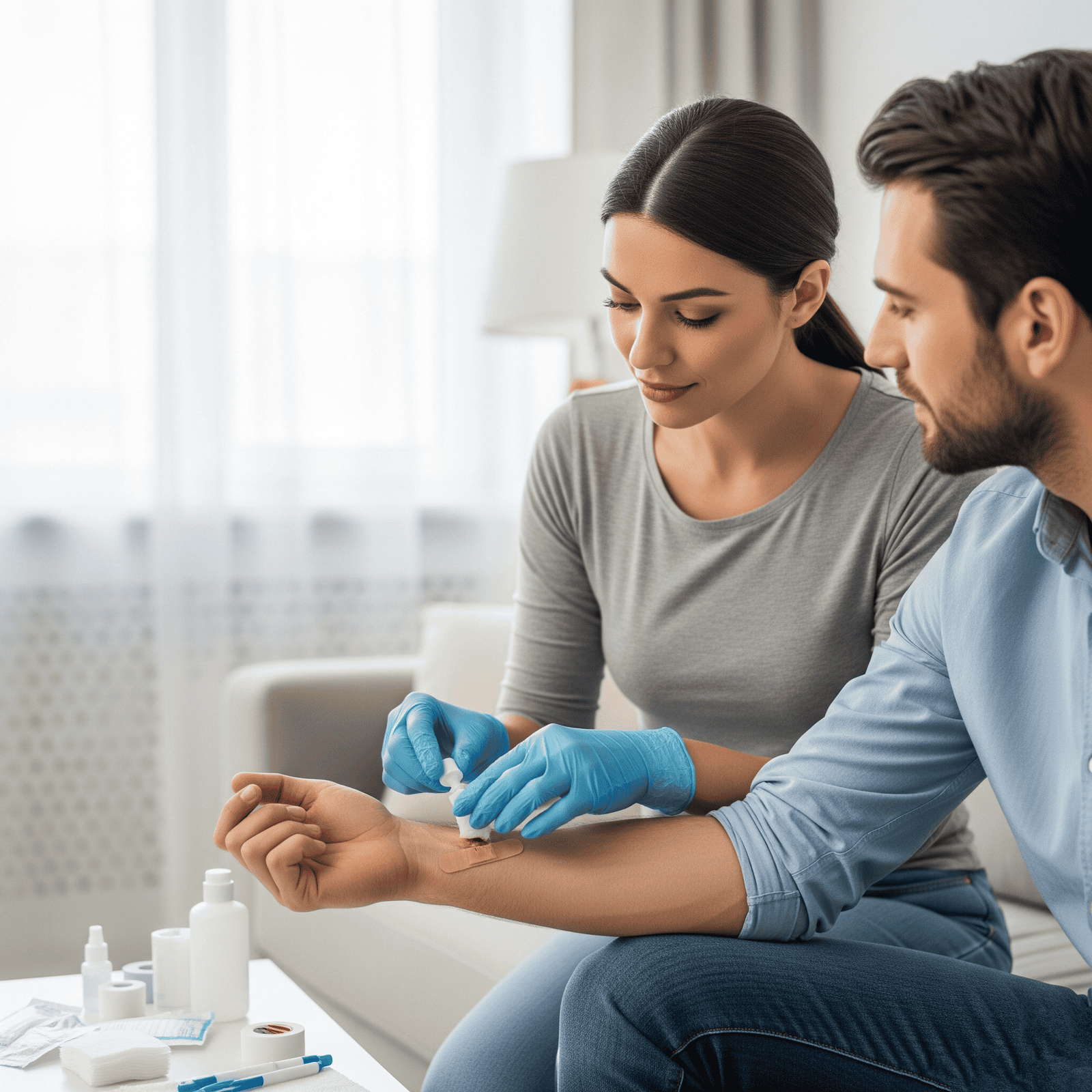 Mujer usando tipos de guantes salud para curar una herida en casa