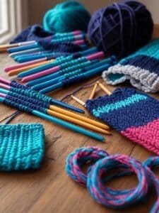 Patrones de guantes y agujas de tejer sobre una mesa