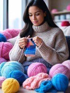 Mujer tejiendo guantes a crochet para mujer paso a paso con hilos coloridos y vibrantes, guía fácil para principiantes.